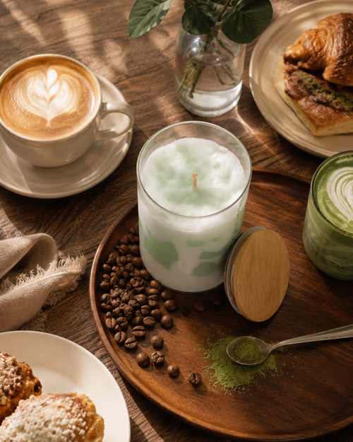 Matcha Latte Dessert Candle | Handmade Coffee Shop Candle | Premium Soy Wax Candle with Wooden Lid | Home Décor & Gift Candle